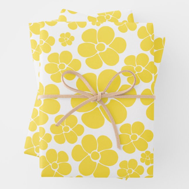 Flower Pattern - Lemon Yellow and White Wrapping Paper Sheets (In situ)
