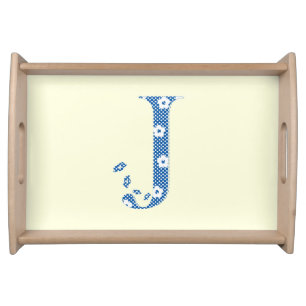 Flower Pattern Letter J (blue) Serving Tray