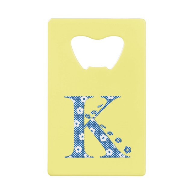 Flower Pattern Letter K(blue) Credit Card Bottle Opener (Front)