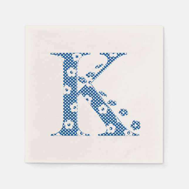 Flower Pattern Letter K(blue) Paper Napkins (Front)
