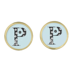 Flower Pattern Letter P Gold Cufflinks