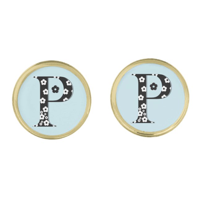 Flower Pattern Letter P Gold Cufflinks (Front)