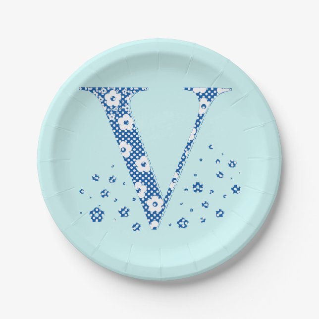 Flower Pattern Letter V(blue) Paper Plates (Front)