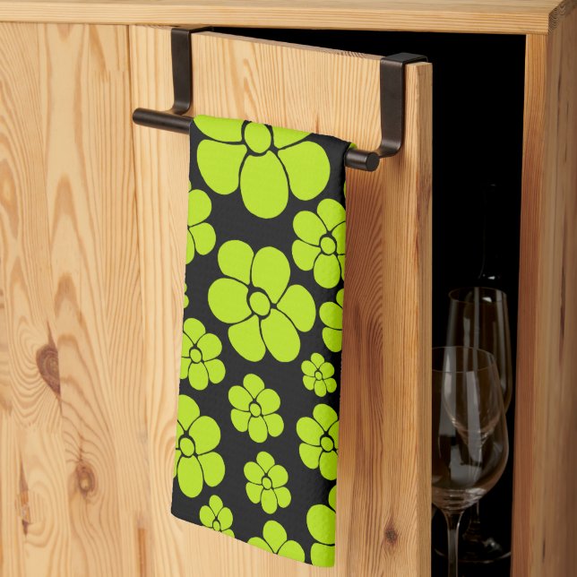 Flower Pattern - Lime Green Kitchen Towel (Thirds Fold)