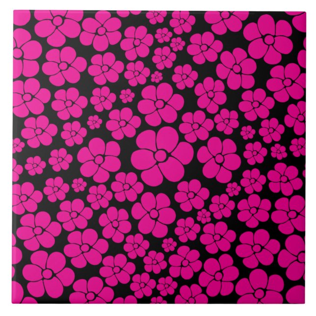 Flower Pattern - Magenta and Black  Ceramic Tile (Front)