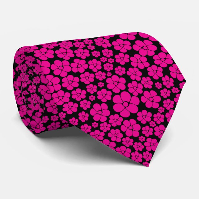 Flower Pattern - Magenta and Black  Neck Tie (Rolled)