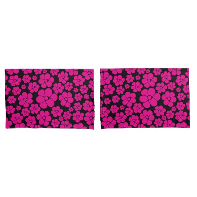 Flower Pattern - Magenta and Black Pillow Case (Front-Set)