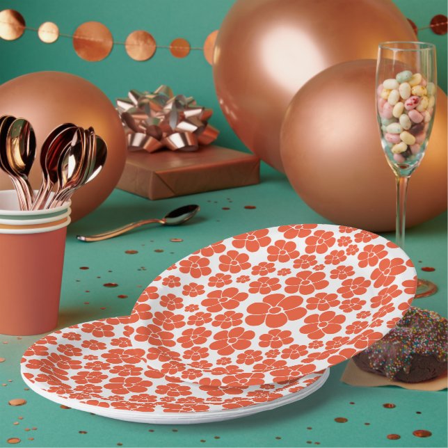 Flower Pattern - Orange and White Paper Plates (Multi)