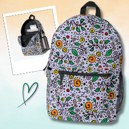 Flower Pattern orange Swirl Berry on Lilac - Printed Backpack