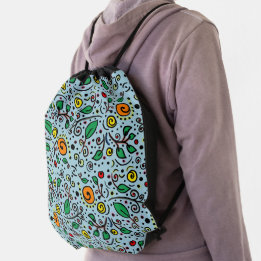 Flower Pattern orange Swirl Berry on Teal - Drawstring Bag