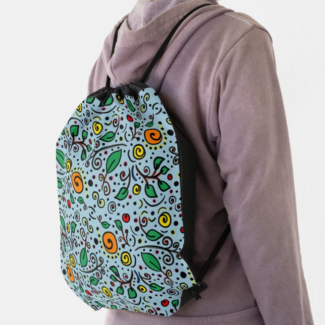 Flower Pattern orange Swirl Berry on Teal -  Drawstring Bag (Insitu)