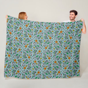 Flower Pattern orange Swirl Berry on Teal - Fleece Blanket