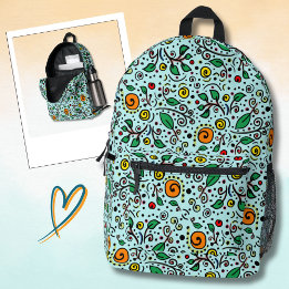 Flower Pattern orange Swirl Berry on Turquoise - Printed Backpack