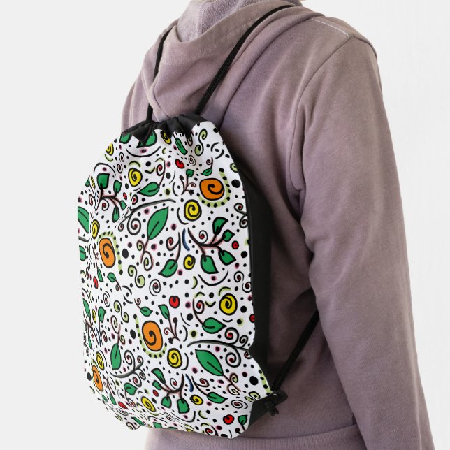 Flower Pattern orange Swirl Berry on White -  Drawstring Bag (Insitu)