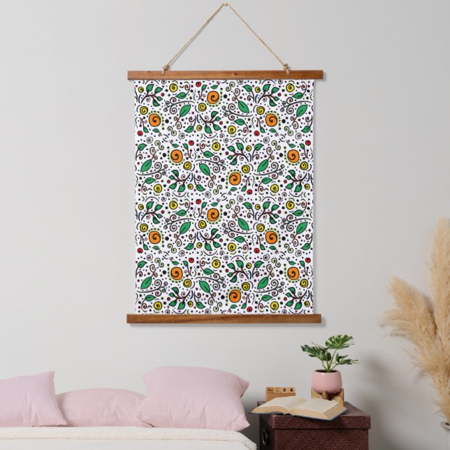 Flower Pattern orange Swirl Berry on White -  Hanging Tapestry (Bedroom)