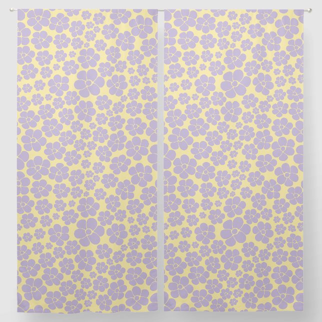 Flower Pattern - Pastel Yellow and Purple  Blackout Curtains (Pair)