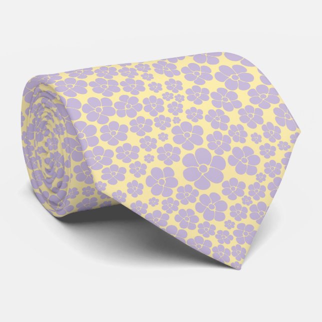 Flower Pattern - Pastel Yellow and Purple  Neck Tie (Rolled)