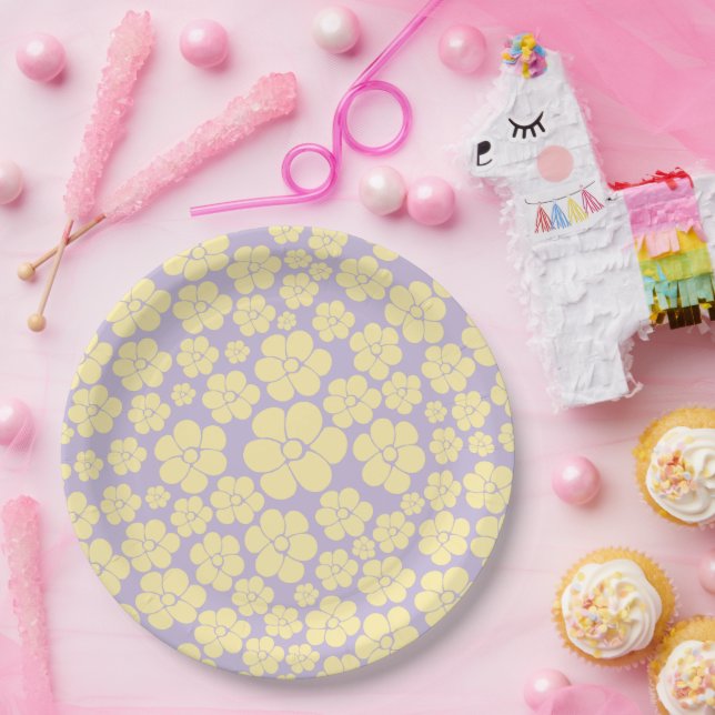 Flower Pattern - Pastel Yellow and Purple Paper Plates (Party)