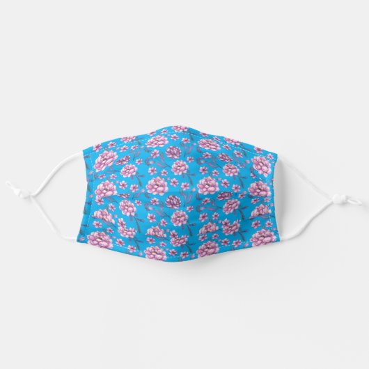 Flower pattern pink floral DIY blue sky background Adult Cloth Face Mask (Front, Unfolded)