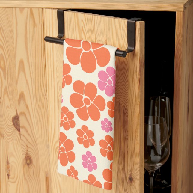 Flower Pattern - Pink, Orange and Cream Kitchen Towel (Thirds Fold)
