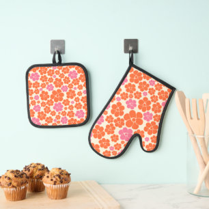 Flower Pattern - Pink, Orange and Cream Oven Mitt & Pot Holder Set