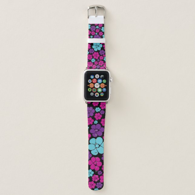 Flower Pattern - Pink, Purple, Blue and Black Apple Watch Band (Front)