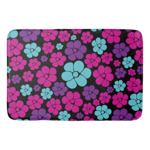 Flower Pattern - Pink, Purple, Blue and Black Bath Mat