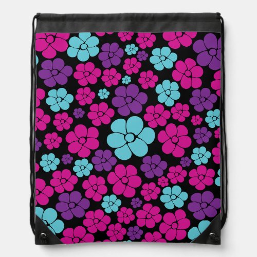 Flower Pattern _ Pink Purple Blue and Black Drawstring Bag