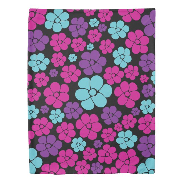 Flower Pattern - Pink, Purple, Blue and Black Duvet Cover (Front)