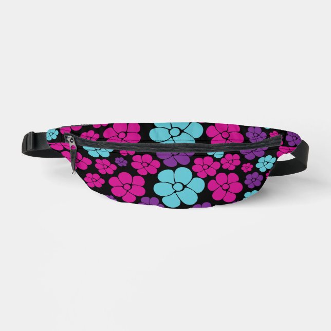 Flower Pattern - Pink, Purple, Blue and Black Fanny Pack (Front)