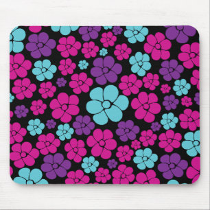 Flower Pattern - Pink, Purple, Blue and Black Mouse Pad