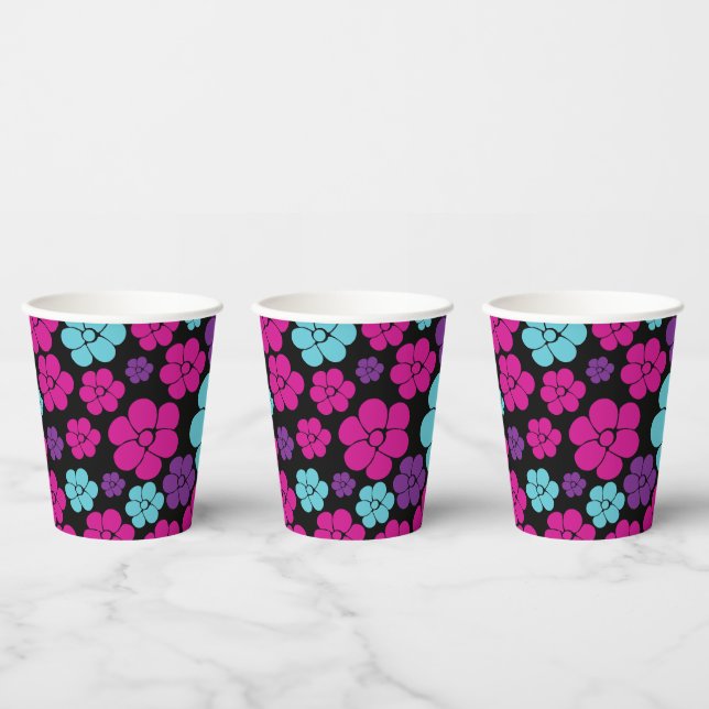 Flower Pattern - Pink, Purple, Blue and Black Paper Cups (Multi)