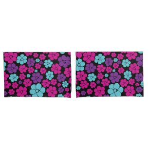 Flower Pattern - Pink, Purple, Blue and Black Pillow Case