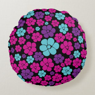 Flower Pattern - Pink, Purple, Blue and Black Round Pillow