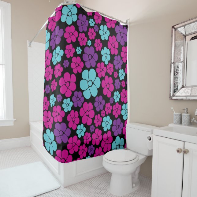 Flower Pattern - Pink, Purple, Blue and Black Shower Curtain (In Situ)