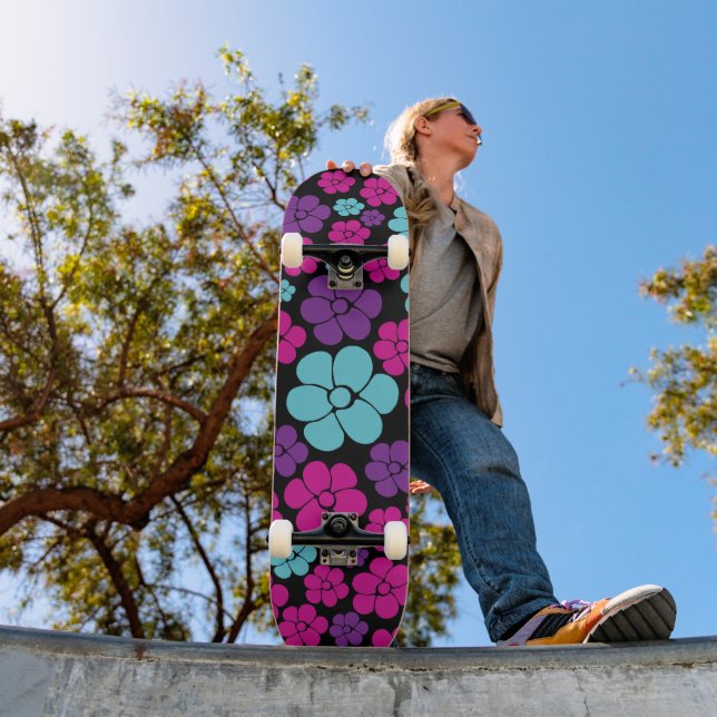Flower Pattern - Pink, Purple, Blue and Black Skateboard (Outdoor 1)