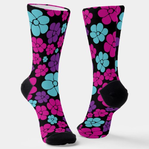 Flower Pattern _ Pink Purple Blue and Black Socks