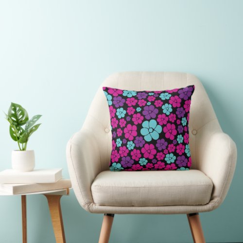 Flower Pattern _ Pink Purple Blue and Black Throw Pillow