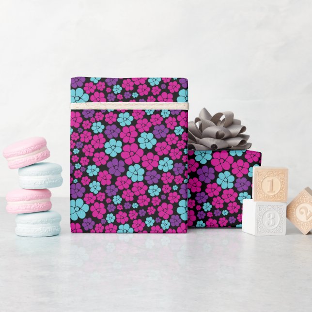 Flower Pattern - Pink, Purple, Blue and Black Wrapping Paper (Baby Shower)