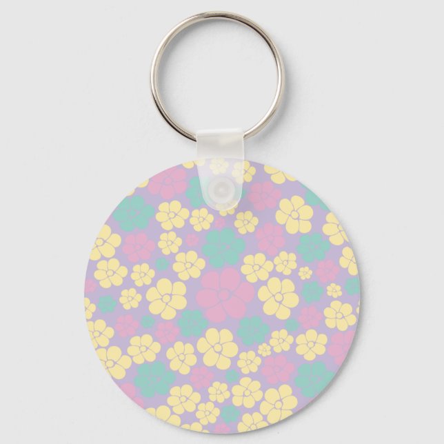 Flower Pattern - Pink, Yellow, Purple and Green Keychain (Front)