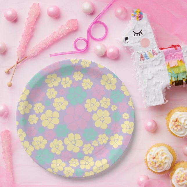 Flower Pattern - Pink, Yellow, Purple and Green Paper Plates (Party)