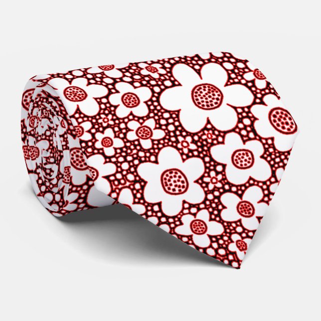 Flower Pattern - Red, Black and White Neck Tie (Rolled)