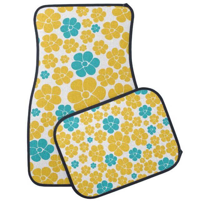 Flower Pattern - Turquoise and Yellow Car Floor Mat (Set)