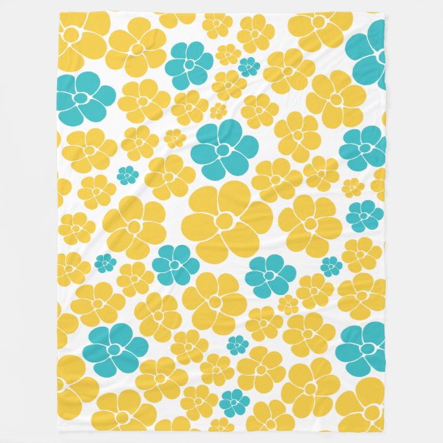 Flower Pattern - Turquoise and Yellow Fleece Blanket (Front)