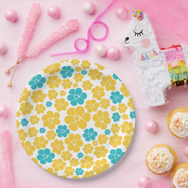 Flower Pattern - Turquoise and Yellow Paper Plates (Party)