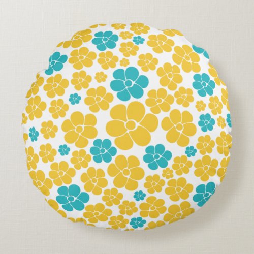 Flower Pattern _ Turquoise and Yellow Round Pillow