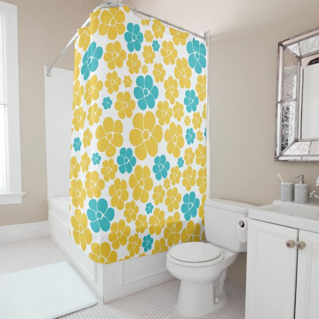 Flower Pattern - Turquoise and Yellow Shower Curtain (In Situ)