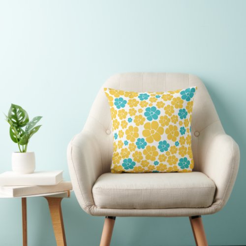 Flower Pattern _ Turquoise and Yellow Throw Pillow