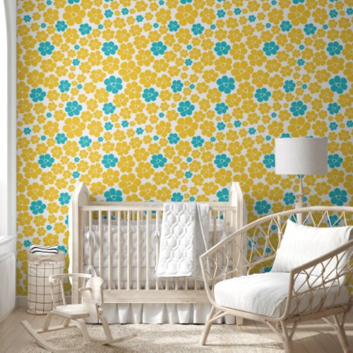 Flower Pattern _ Turquoise and Yellow Wallpaper