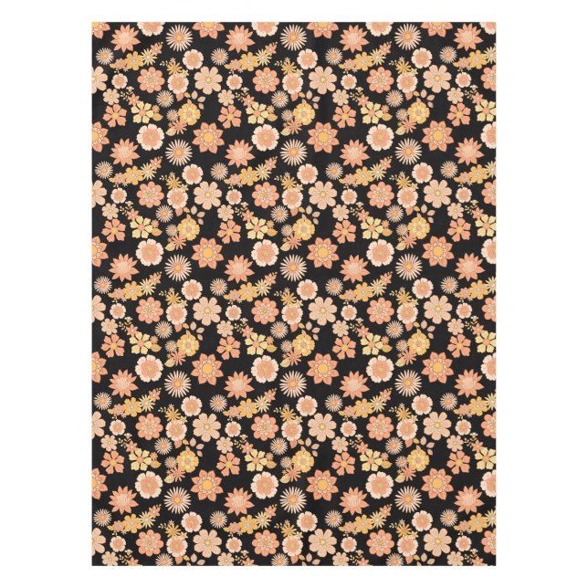 Flower pattern warm color 11.wx4. Black BG Tablecloth (Front)